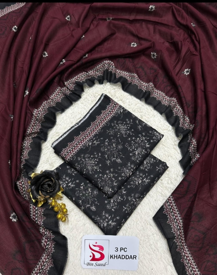 Bin Saeed original Khaddar 3PC suit in Near Black