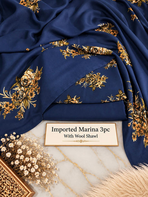 Imported Marina 3Pc Suit with Wool Shawl Floral Print in Navy Blue