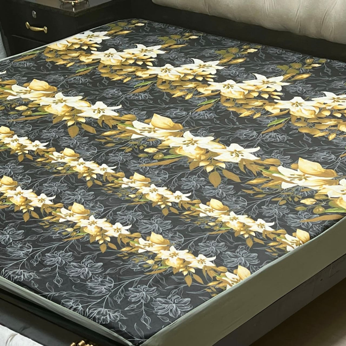 Printed waterproof mattress cover in charcoal grey