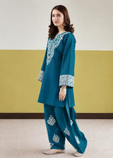 Pure Dhanak 2PC embroidered winter suit in Teal Blue