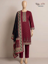 Rija by Murashe Original 3PC Khaddar Digital Printed Unstitched Suit in Maroon