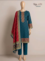 Rija by Murashe Original 3PC Khaddar Digital Printed Unstitched Suit in Deep Teal Blue